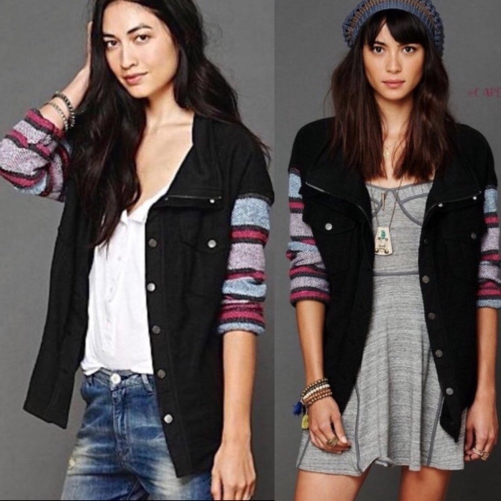 Free People Baja Stripe Sleeve‎ Jacket Size XS Black Denim Bohemian Boho Coat